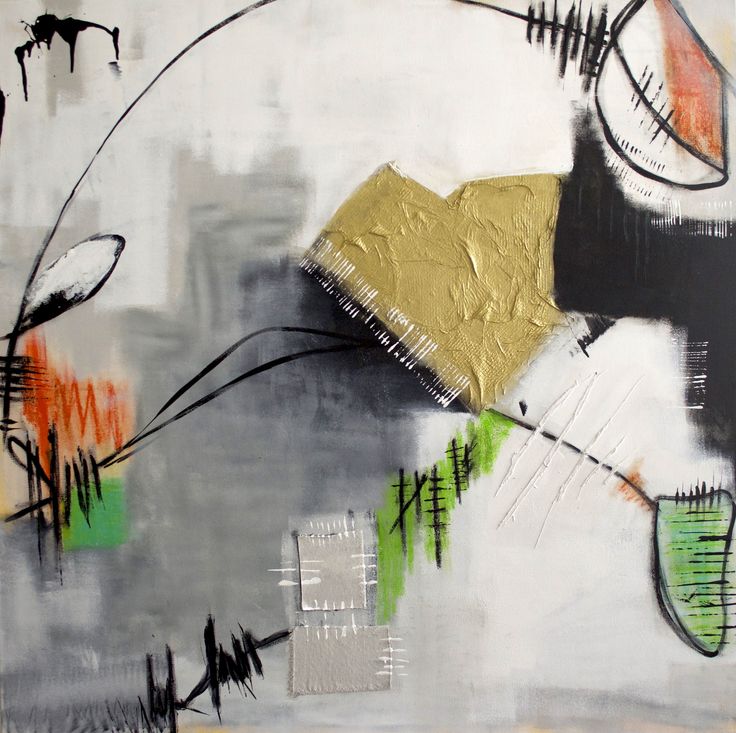 an abstract painting with yellow, green and black colors on it's surface is shown