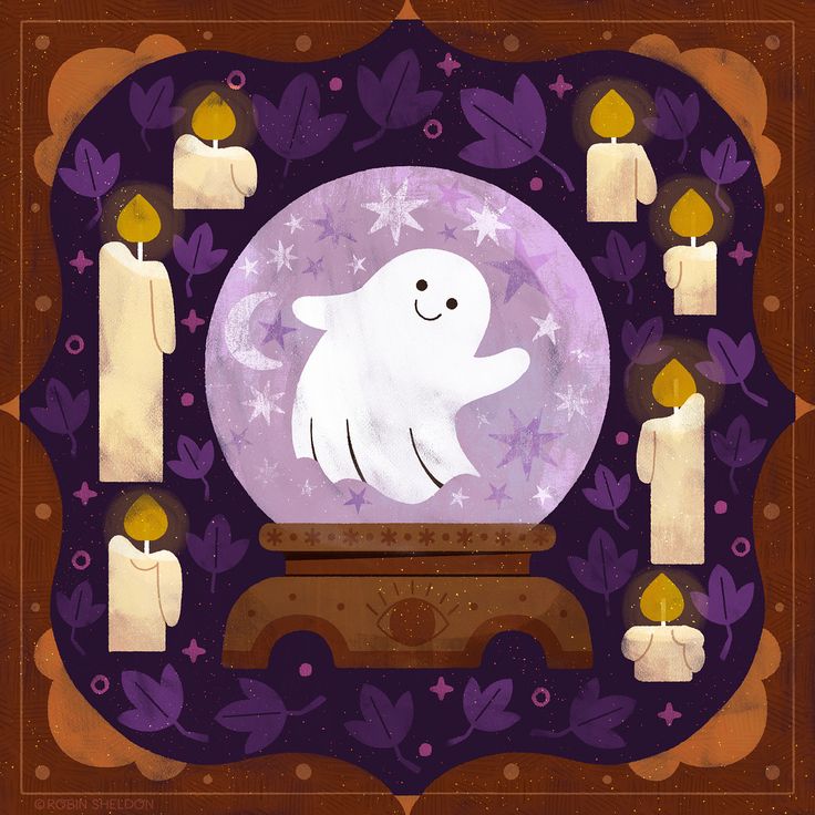 a painting of a ghost surrounded by candles and other items in front of a purple background