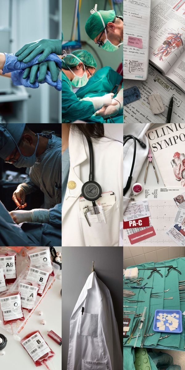 multiple pictures of doctors and nurses in scrubs, gowns, gloves, and other medical equipment