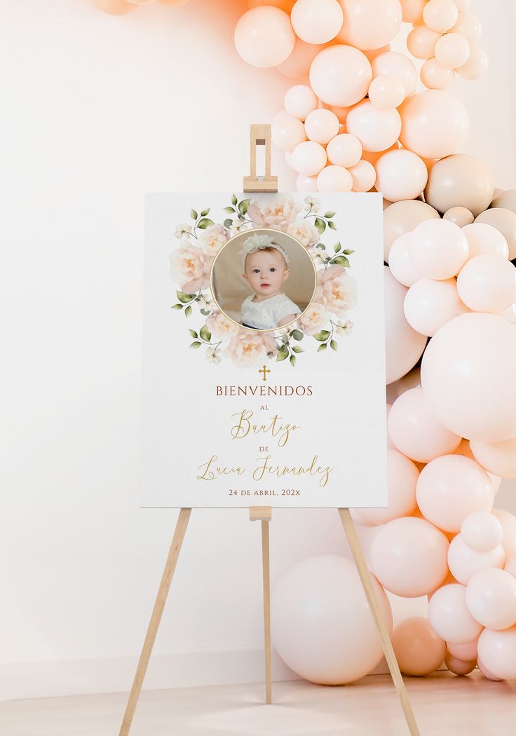 a baby announcement sign with balloons in the background and an image of a baby on it