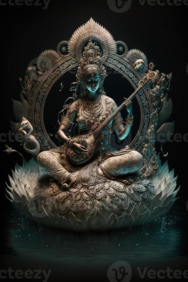 a statue with a guitar sitting on top of it's body in the water