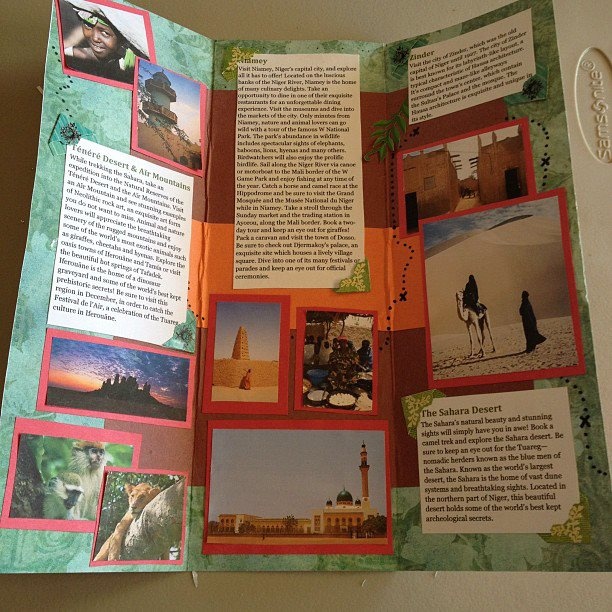 an open book with pictures and words on the pages, including images from different countries