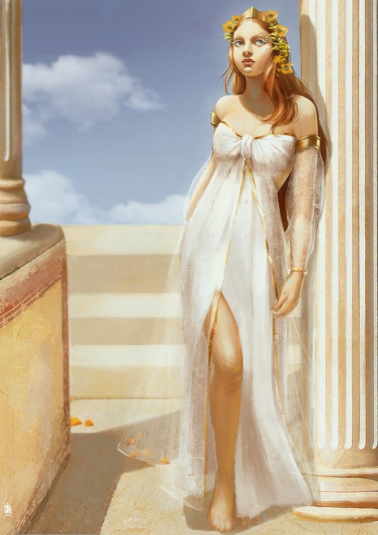 a painting of a woman in a white dress standing next to an old building with columns