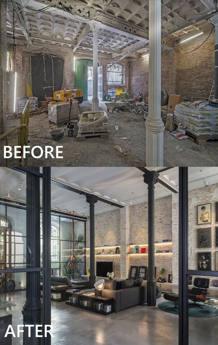 before and after photos of an old building with exposed ceilings, windows, and furniture