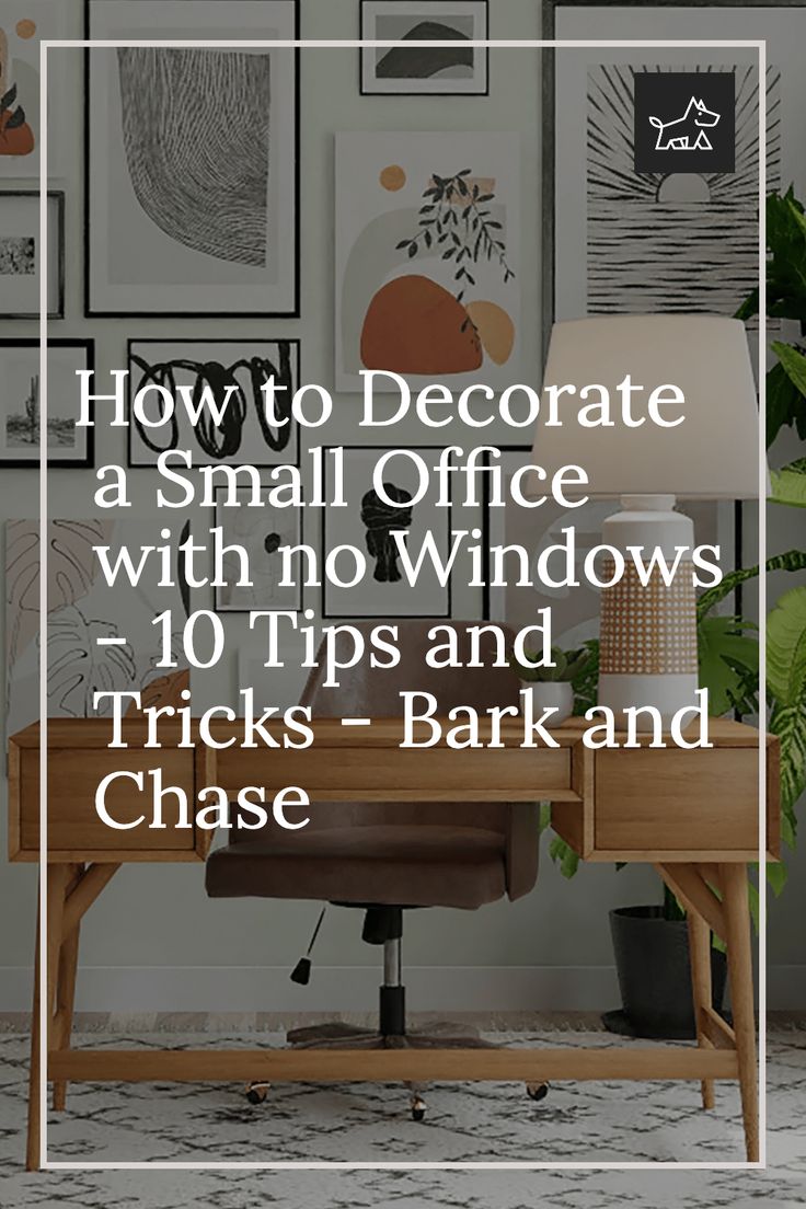 a desk with pictures on the wall and text overlaying how to decorate a small office with no windows - 10 tips and tricks - bark and chase