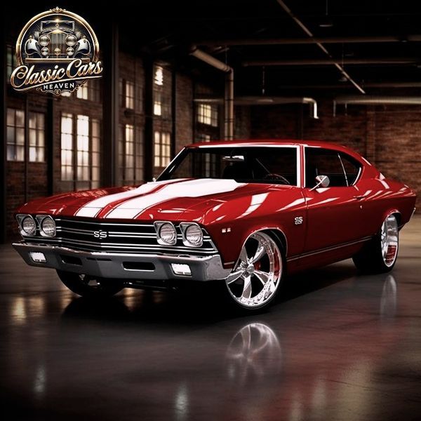 a red and white muscle car parked in a garage next to a brick wall with the word chevrolet written on it