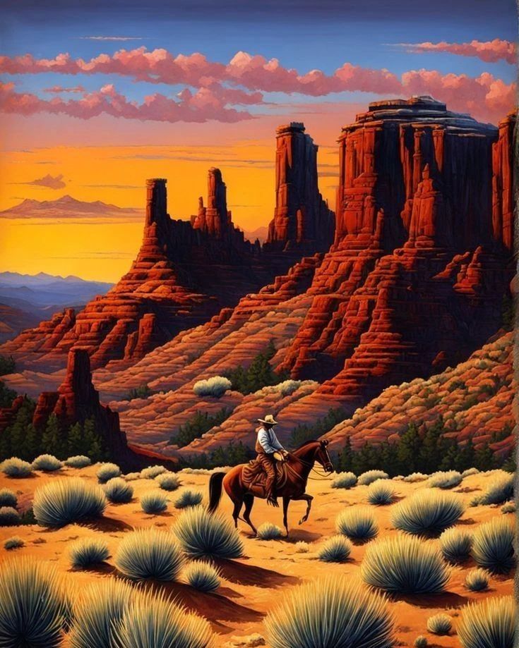 a painting of a man riding a horse in the desert