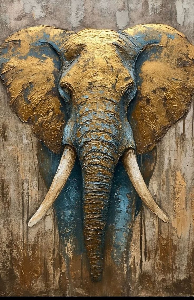 an elephant's head is painted on the side of a wall with gold and blue paint