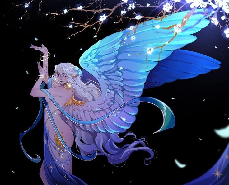 a blue angel holding a wand in her hand with stars on the night sky behind it