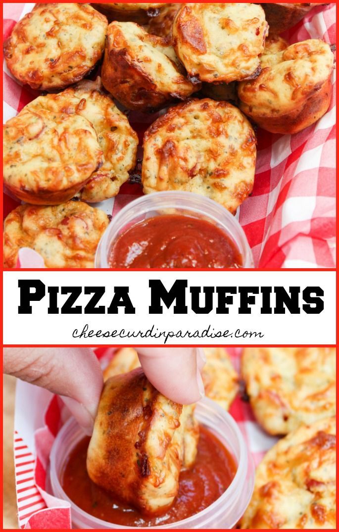 pizza muffins with marinara sauce in the middle and one being held up by someone's hand