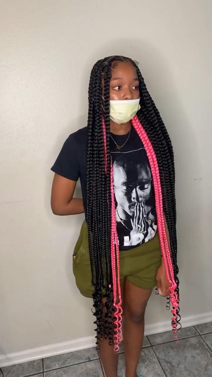 Besides Hairstyles For Black Women, Pink Large Knotless Braids, Peeka Boo Box Braids, Knotless Peek A Boo Braids, Blue Jumbo Knotless Braids, Jumbo Knotless Box Braids With Color, Braided Cornrow Ponytail Hairstyles, Large Knotless Braids Hairstyles, Peek A Boo Box Braids