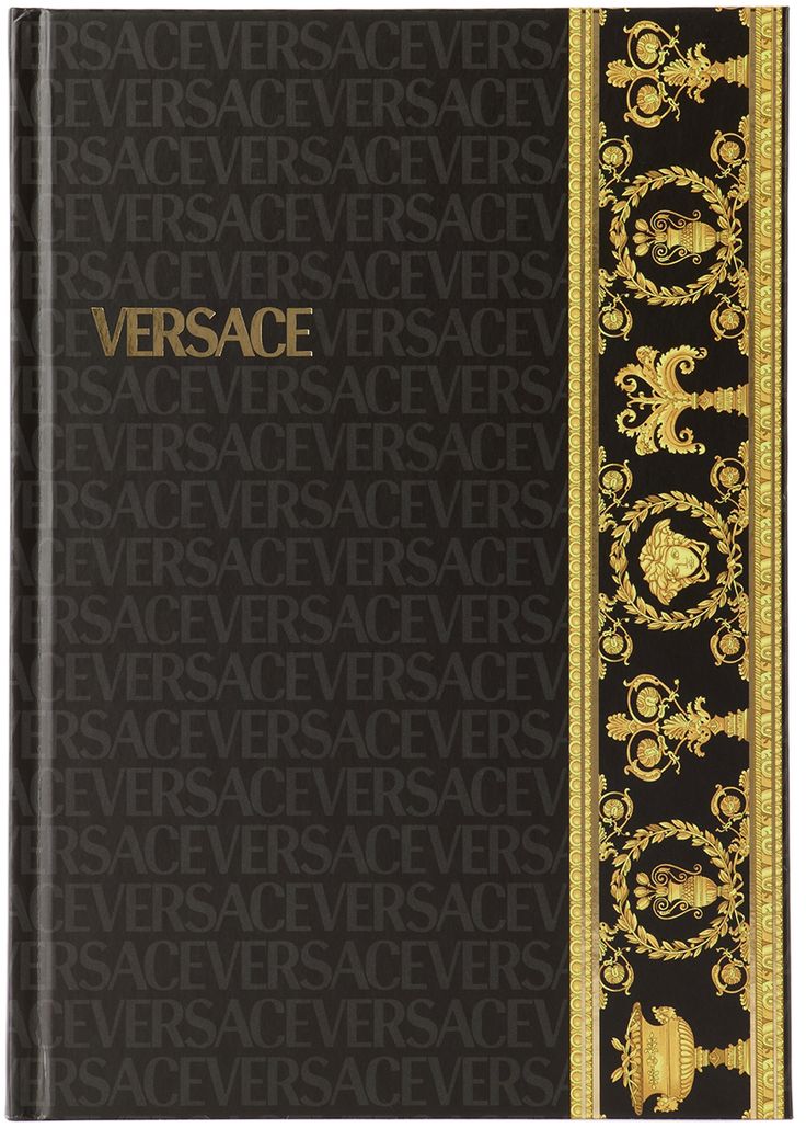 Hardcover notebook in black featuring logo pattern printed in gray. Signature graphic pattern in tones of yellow printed at face and back face. · A5 format · 144 lined pages · Elasticized strap closure · Ribbon bookmark · H21 x W15 cm Part of the Versace x Paper on the Rocks collaboration. Versace Invitations, Brow Branding, Gold Graphic Design, Versace Store, Versace Pattern, Versace Print, Pool Party Invitations, Versace Logo, Baroque Pattern