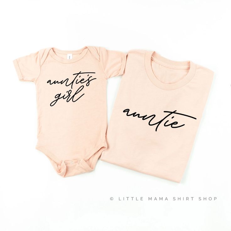 two pink onesuits with black writing on them that say, another girl and another little mama shirt shop