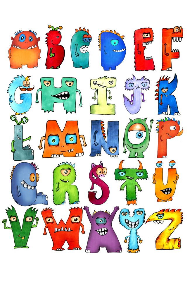 the letters and numbers are made up of cartoon monsters with their eyes on each letter