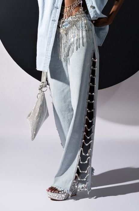 COVERED IN DIAMONDS RELAXED JEANS in light blue denim Split Pattern Jeans, Diamond Pattern Jeans, Rhinestone Trim Jeans, Tassel Patchwork Pants, Show Lace Jeans Hack, Lace Up Pants Side, Fringe Rhinestone Jeans, Rim Stone Jeans, Colorful Bling Jeans