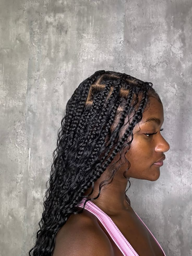 boho goddess braidd on black girl Boho Not Less Braids, Boho Braids Black Women Medium, Thick Boho Braids, Bohaime Braids, Medium Length Goddess Braids, Boho Box Braids Hairstyles, Goddess Braids Large, Boho Knotless Braids Medium, Medium Goddess Knotless Braids