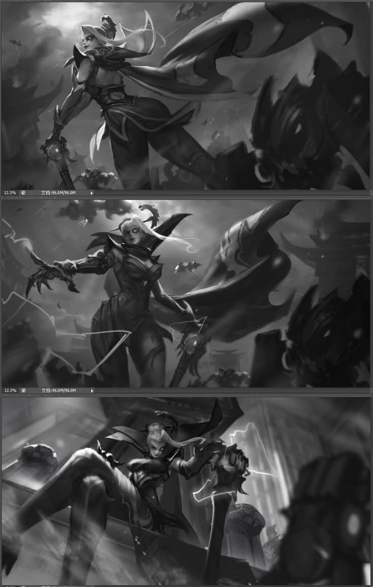 the concept art for an upcoming video game is shown in black and white, with two different