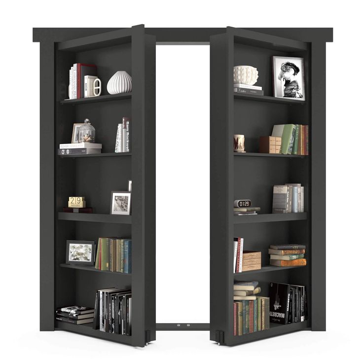 an open bookcase with several books on the shelves and one door opened to reveal another room