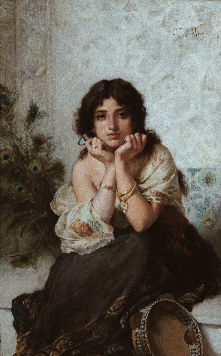 a painting of a woman sitting on the ground with her hand under her chin and looking at the camera