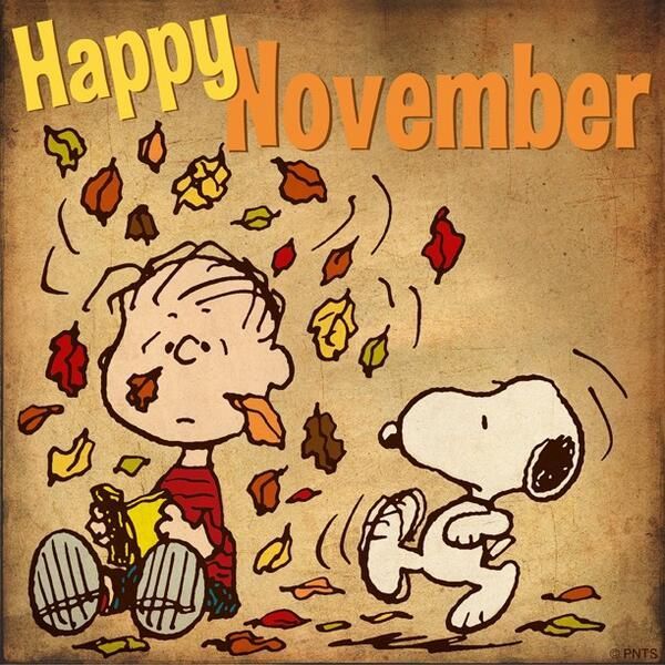 a charlie brown thanksgiving card with the words happy november bebiee and a cartoon character