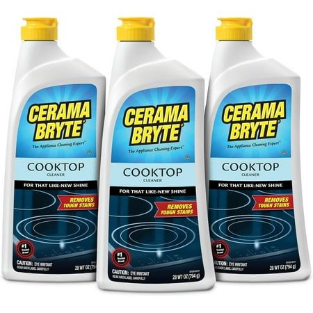 three bottles of germa brite cooktop cooking liquid on a white background with yellow caps