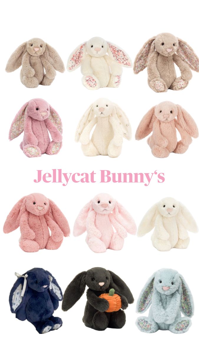 a bunch of stuffed animals sitting next to each other on a white background with the words jellycat bunny's