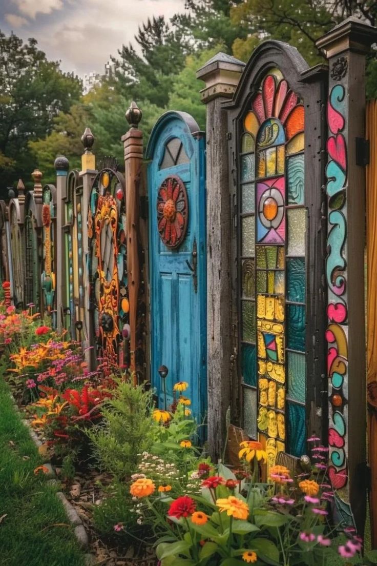 a row of colorful doors sitting next to each other on top of a lush green field