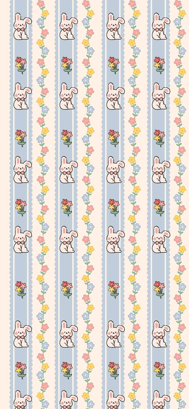 a blue and white striped wallpaper with an image of a rabbit holding flowers in it's mouth