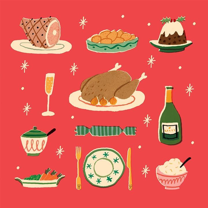 a red background with dishes and drinks on it, including turkey, bread, wine, champagne