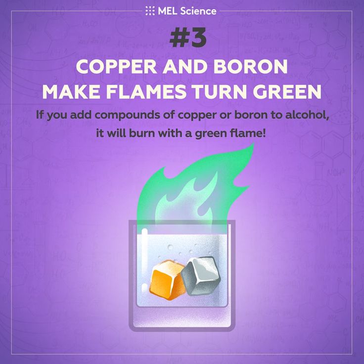 an advertisement for copper and boron make flames turn green, if you add cums of copper or bron to alcohol, it will burn with a green flame