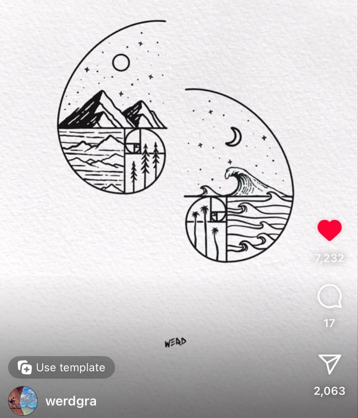 two circles with mountains and trees on them, one has a red heart in the middle