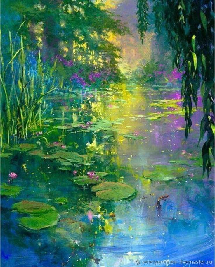 a painting of water lilies and trees