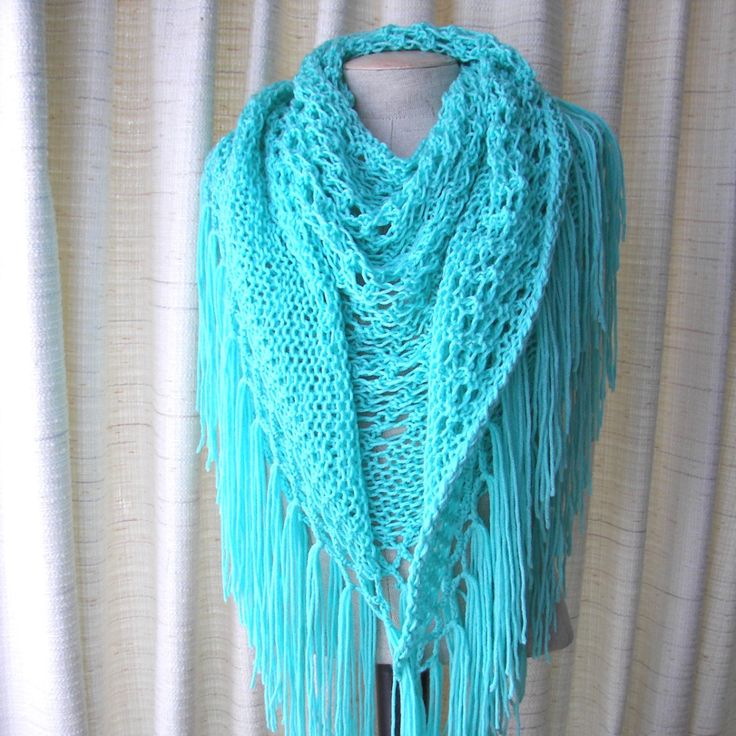 Hand Knit USA: Shawl Triangle Scarf in SOFT 100% Acrylic yarn. Lovely Bright color of BLUE Mint! WOW! ~ ELEGANT ~ WARM ~ BEAUTIFUL ~ ROMANTIC ~ Will make a Great present! This scarf / shawl has it all: * Great for accessorizing any outfit making you look elegant, chic, boho, trendy, urban ... * Versatile style and very comfortable to wear for Any Season! Wear it around your neck as a scarf or shawl or waist at the beach the choice is yours! * Only The Best quality yarn was used for this creation Blue Crochet Shawl One Size, Blue Crochet Knit Knitting Pattern, Hand Knitted Blue Shawl One Size, Blue Crochet Yarn Shawl, Hand Knit Shawl, Fringe Shawl, Bridal Shawl, Blue Sea Glass, Triangle Scarf