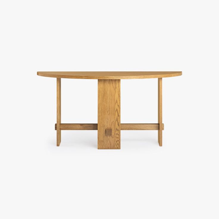 an oval wooden table with two legs and a circular top, against a white background