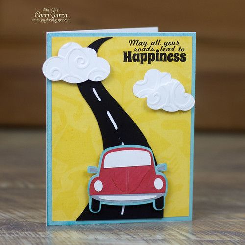 a card with a red car driving down the road and clouds in the sky above it