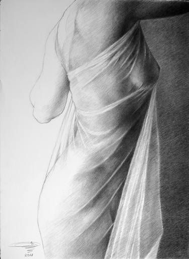 a pencil drawing of a woman's back in a white dress with her hands on her hips