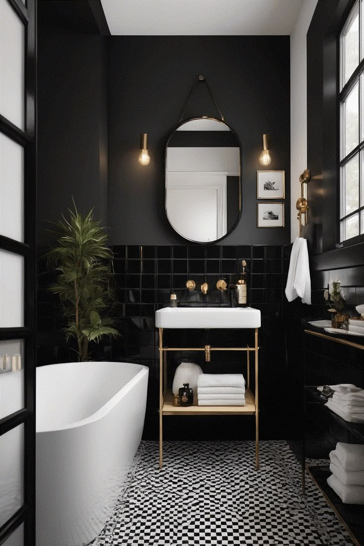 a black and white bathroom with a bathtub, sink, mirror and potted plant