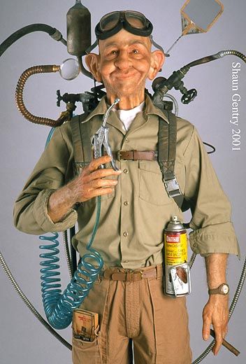 an old man wearing goggles and holding a spray bottle in front of his head