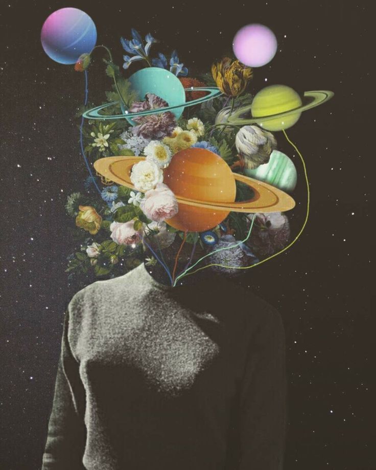 an image of a woman with planets on her head and flowers in front of her face