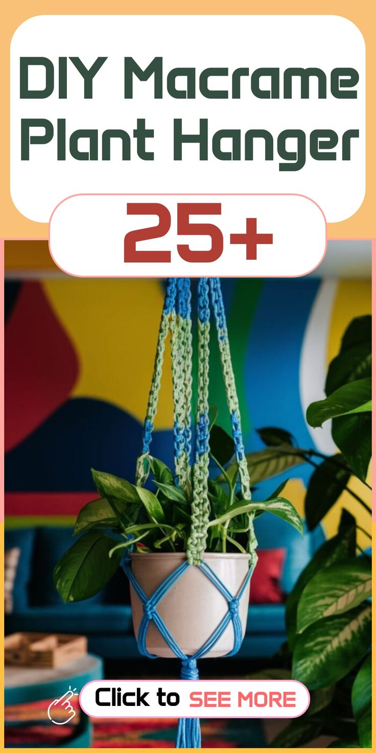 a potted plant with the text diy macrame plant hanger 25 +