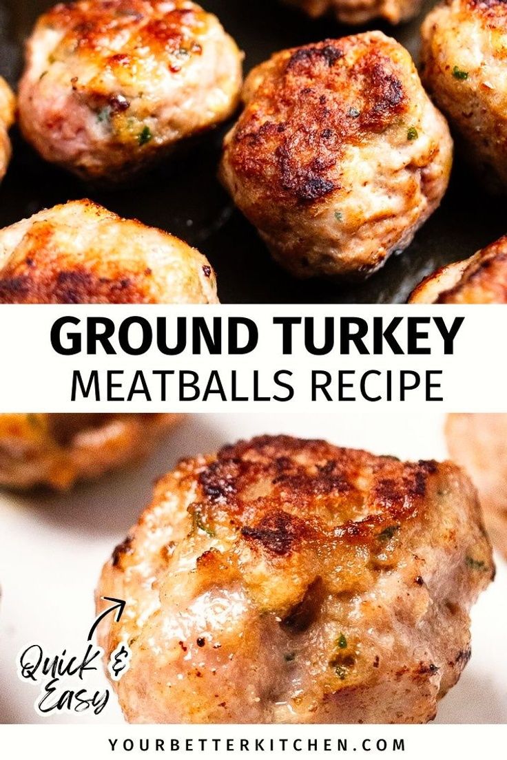 ground turkey meatballs recipe with the title text above it and an image of them being cooked