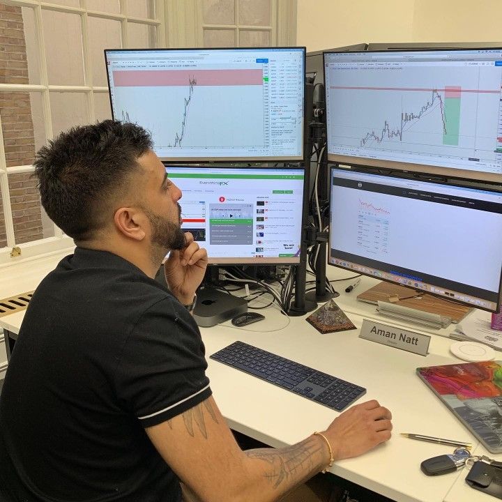 a man sitting at a desk in front of two computer monitors with graphs on them