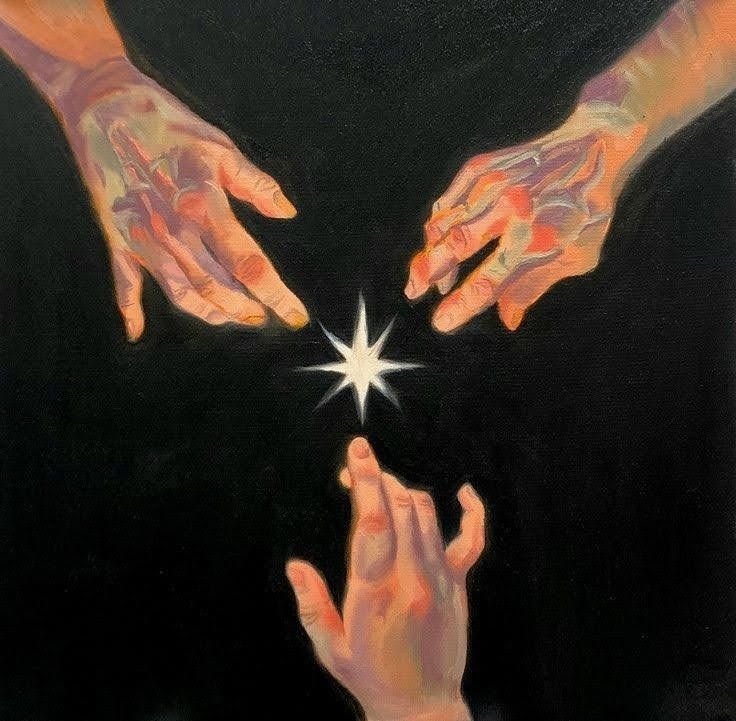 two hands reaching towards each other to touch the star