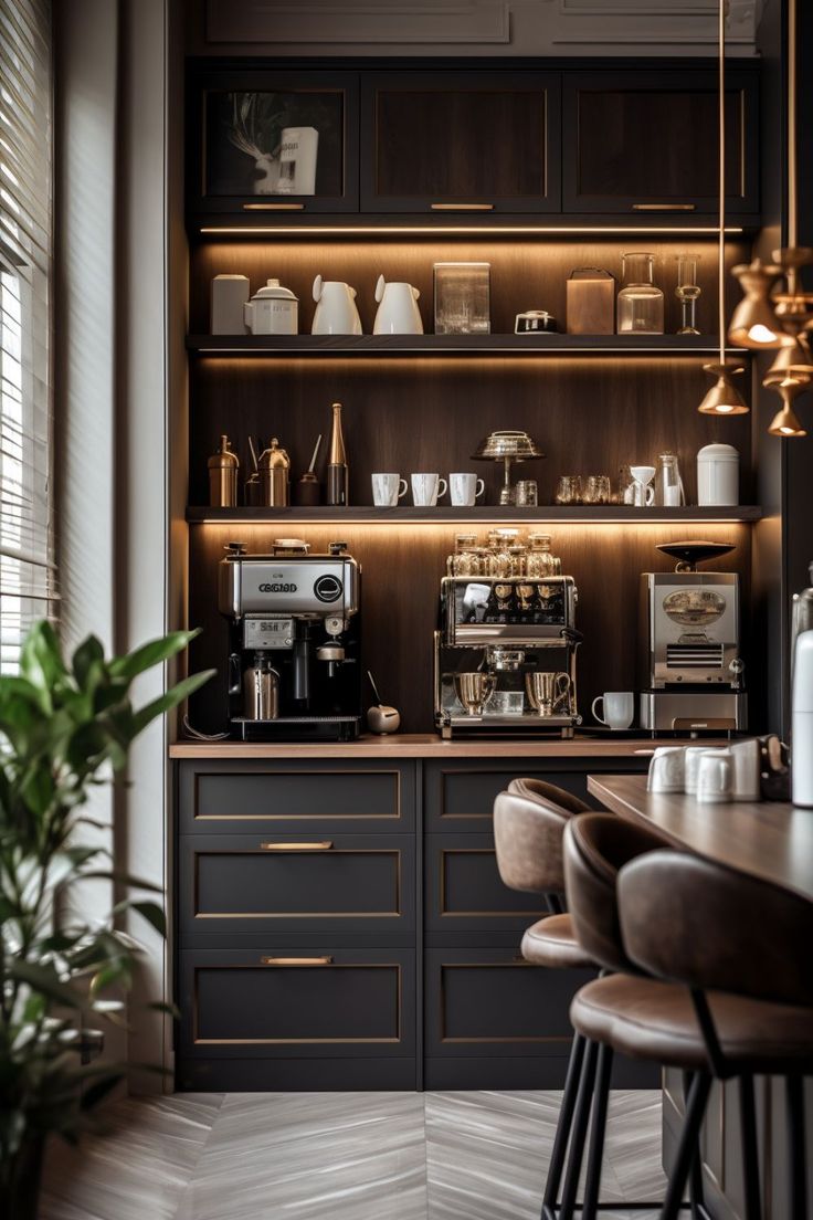 a coffee bar with lots of cups on the counter and shelves in front of it