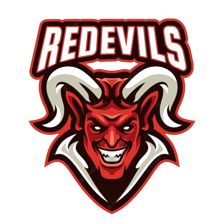 the red devil mascot with horns and fangs on it's face is featured in this image