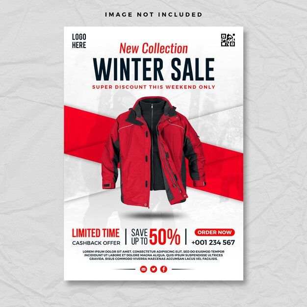 a red and black winter sale flyer with an image of a jacket on the front