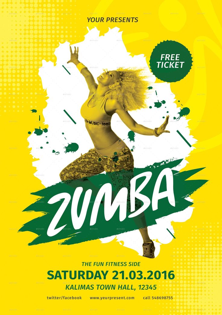 the poster for zumba shows a woman in yellow and green clothing with her arms outstretched