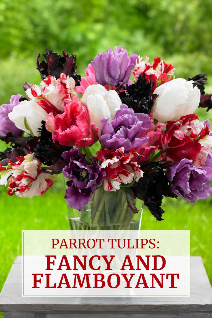 a vase filled with purple and white flowers sitting on top of a wooden table next to green grass