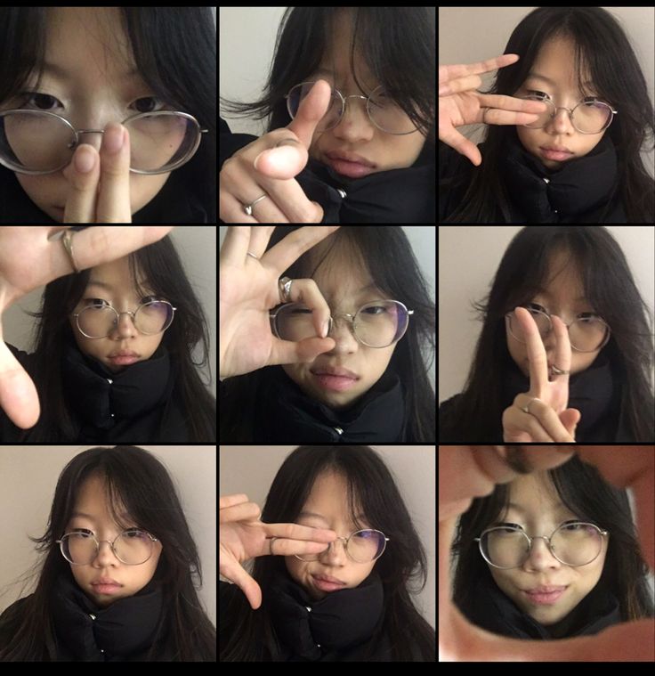 many pictures of a woman wearing glasses and making the number one sign with her fingers