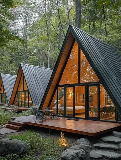 a - frame cabin in the woods surrounded by trees